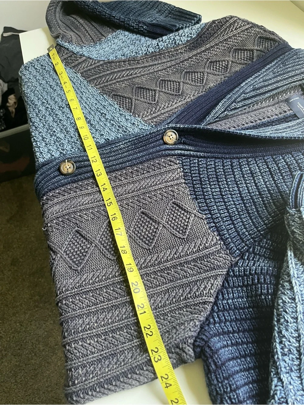 Lucky Brand Patchwork Cable Knit Chunky Shawl Cardigan Sweater Fisherman Blue XL